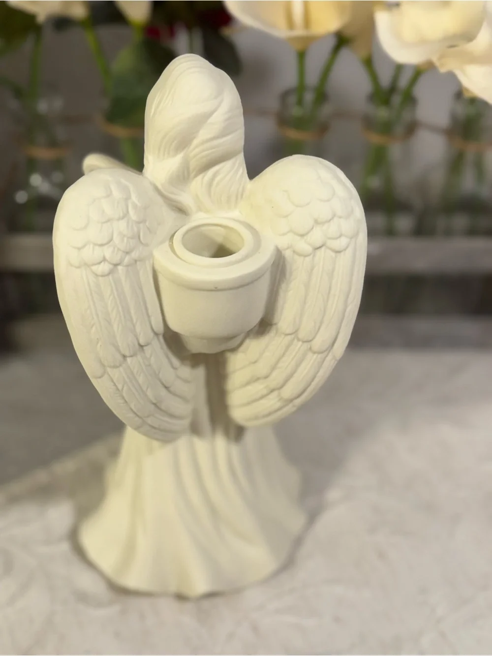 PartyLite Lyrical Angel Playing Harp Bisque Porcelain Taper Candle Holder P0461